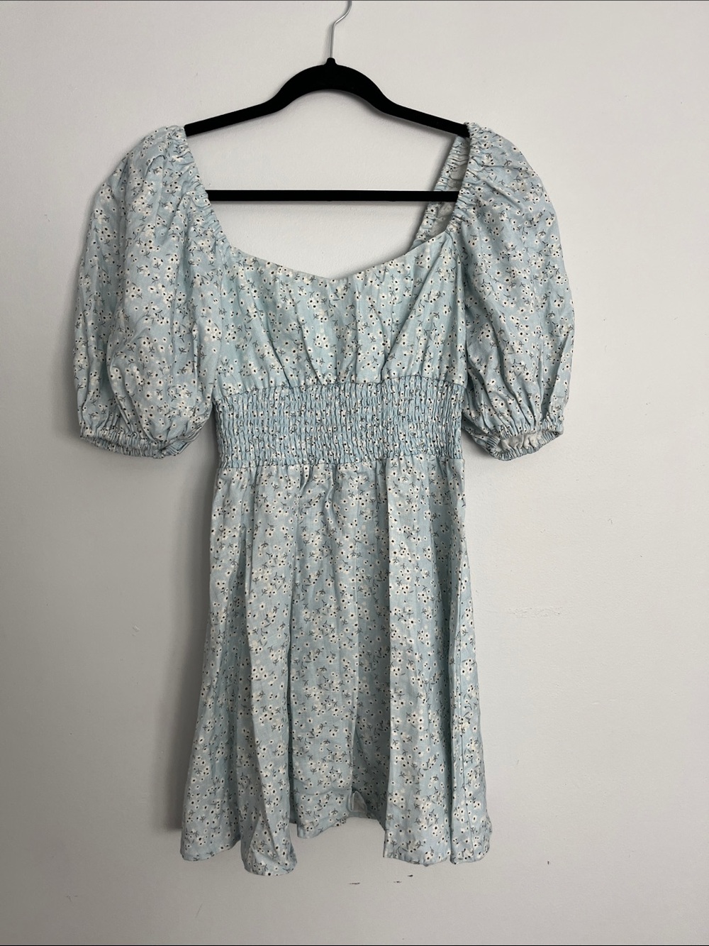 Light Blue Floral Puff-Sleeve Smocked Mini Dress